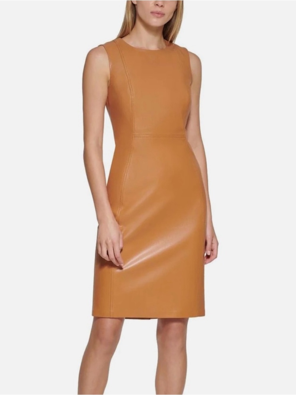 Calvin Klein Honey Tan Faux-Leather Sheath Dress Size 2 Sleeveless Knee Length